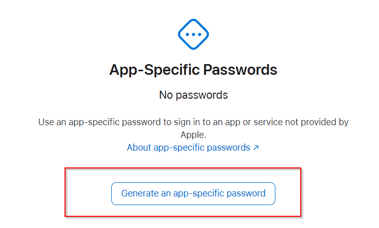 Screenshot of an Apple webpage showing no app-specific passwords with a button labeled “Generate an app-specific password” highlighted.