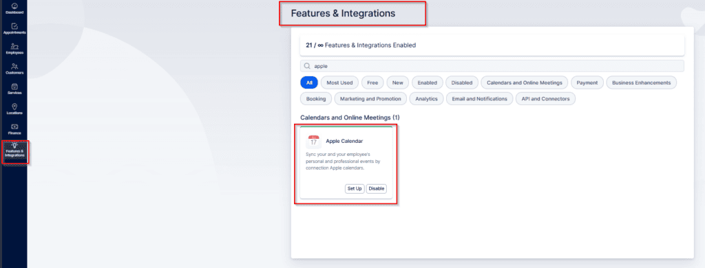 A web page shows the Features & Integrations section with the Apple Calendar integration highlighted, offering setup and disable options. The Integrations tab is selected in the sidebar.