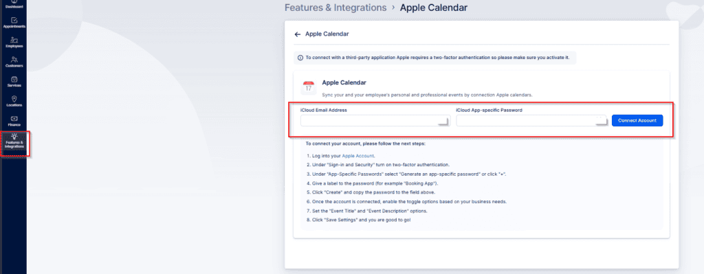 Apple Calendar integration setup screen prompting user to enter iCloud email address and app-specific password, with connection steps listed below.