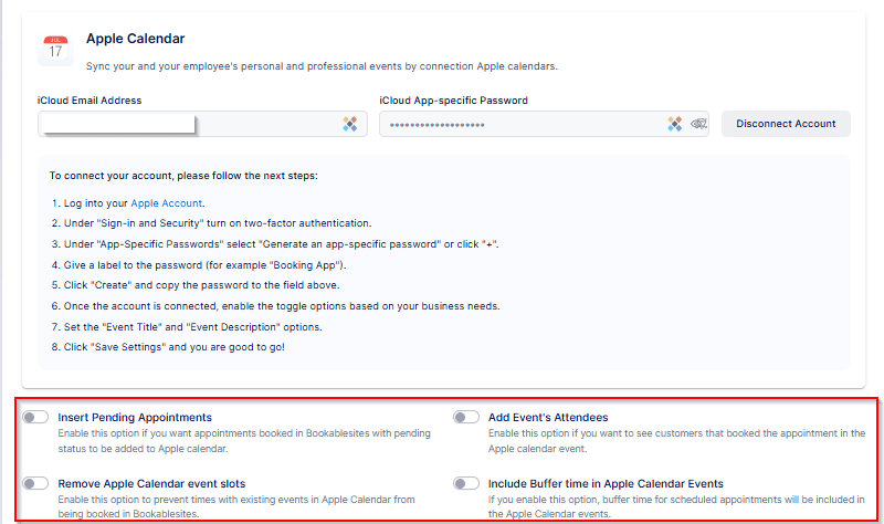 Screenshot of the Apple Calendar integration setup page with email and password fields, instructions, and highlighted options for appointment and event synchronization settings.