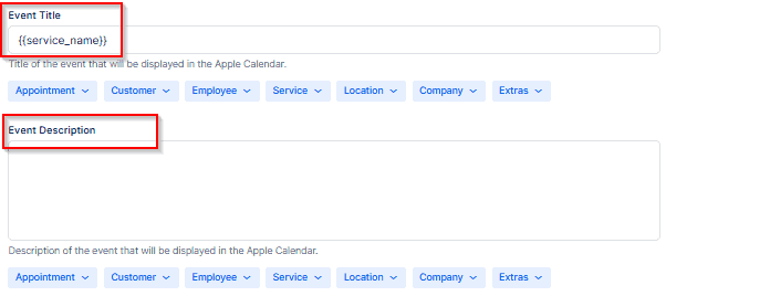 Screenshot of an event creation form showing fields for Event Title and Event Description, each with options to add Appointment, Customer, Employee, Service, Location, Company, and Extras.