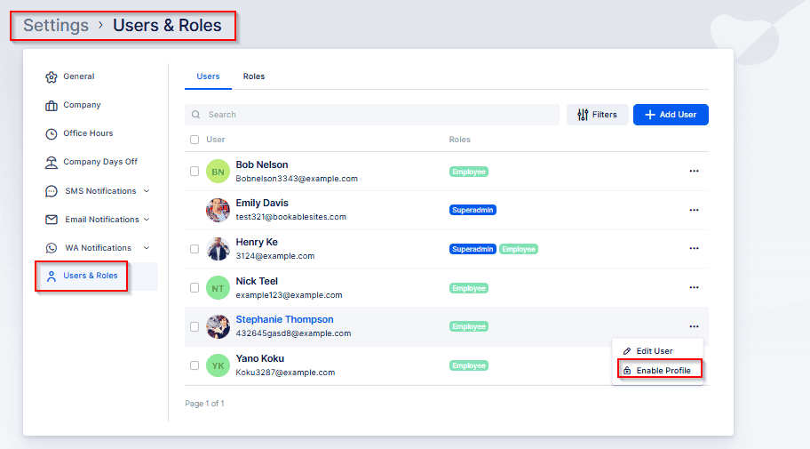 A user management dashboard showing a list of users, their emails, roles, and options to edit or enable profiles under the "Users & Roles" settings section.