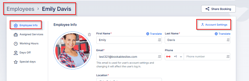 Employee profile page for Emily Davis showing personal info fields, navigation menu on the left, and "Account Settings" option on the right.