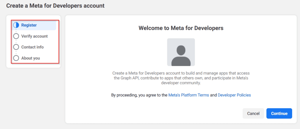 Screenshot of the "Create a Meta for Developers account" page showing registration steps on the left and a welcome message with Continue and Cancel buttons on the right.