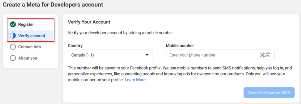Screenshot of the "Verify Your Account" step in creating a Meta for Developers account, showing fields to select country, enter mobile number, and a button to send a verification SMS.