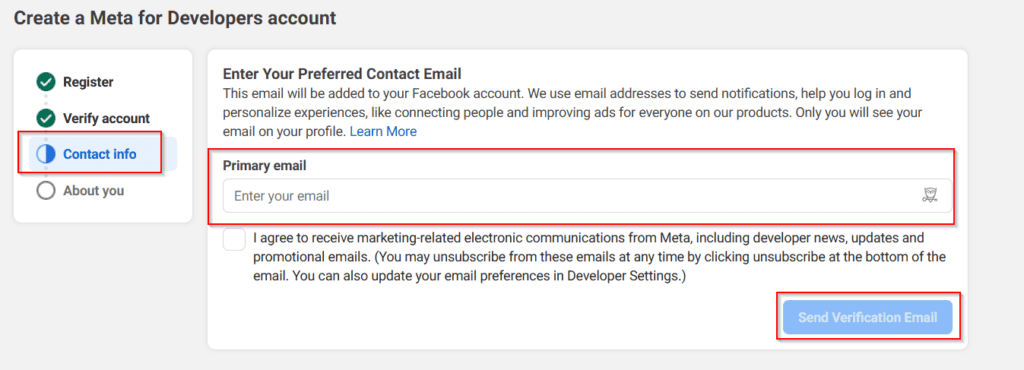 A webpage form for a Meta for Developers account asks for a primary email address and has a blue "Send Verification Email" button on the right.
