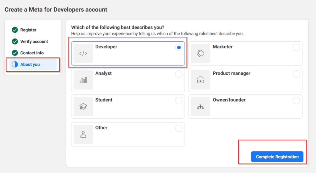 A web form titled "Create a Meta for Developers account," with the "Developer" role selected and the "Complete Registration" button highlighted.