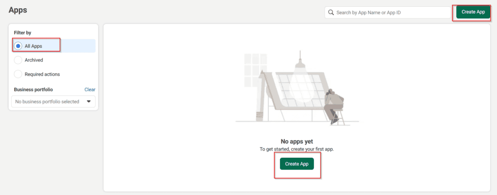 Dashboard showing an “All Apps” filter, a search bar, and a message stating “No apps yet” with a green “Create App” button in the center and top right.