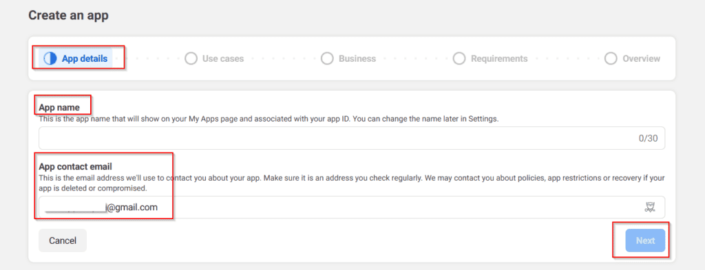 A form titled "Create an app" displays fields for App name and App contact email, with "Next" highlighted and "App details" selected in the progress bar.