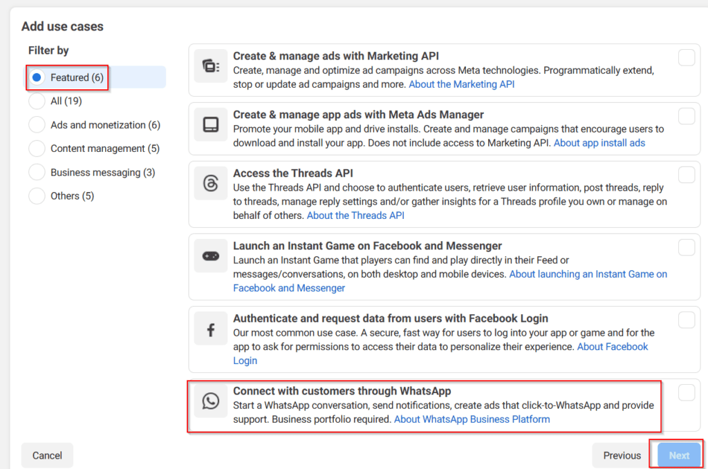 A user interface showing the "Add use cases" page. "Featured" is selected, and the "Connect with customers through WhatsApp" option is highlighted. The "Next" button is visible.