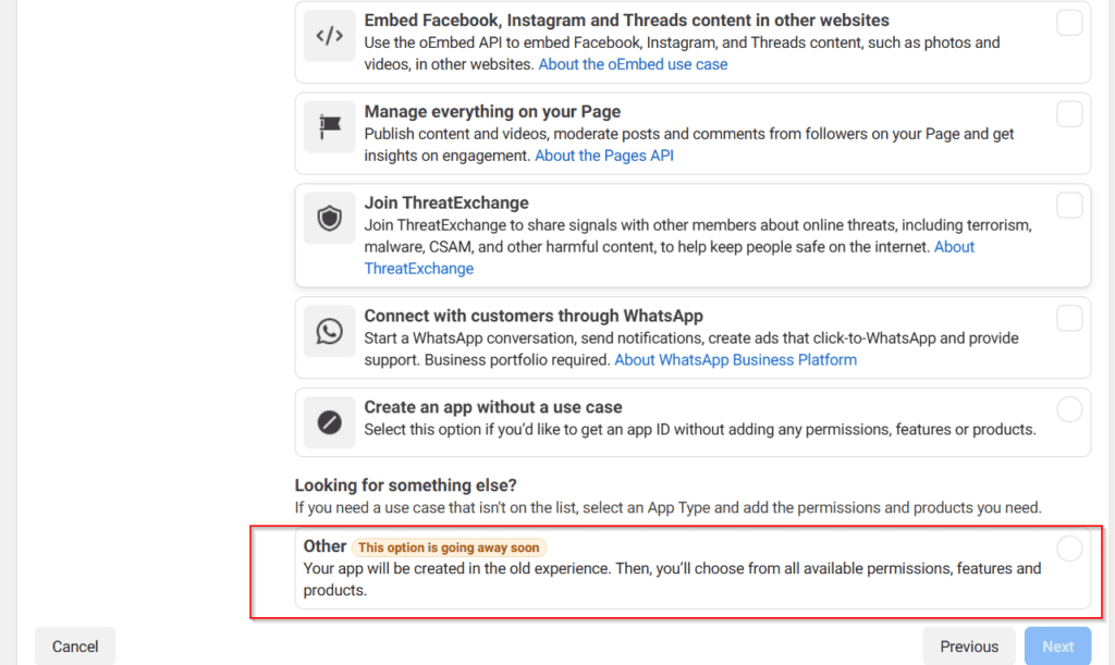 A settings page lists app options such as embedding content, managing a page, and using WhatsApp, with a highlighted note stating, "This option is going away soon.