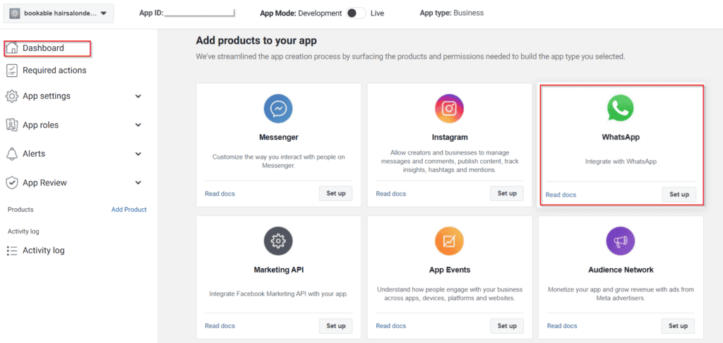 A dashboard showing app integration options, with WhatsApp highlighted; other options include Messenger, Instagram, Marketing API, App Events, and Audience Network.