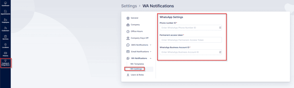 Screenshot of a settings page showing WhatsApp Settings fields: Phone number, Permanent access token, and WhatsApp Business Account ID, with the "WA Settings" menu highlighted.