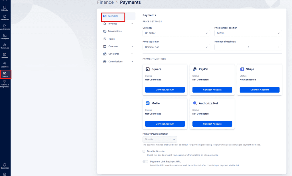 Finance payments settings page showing options to connect payment methods such as Square, PayPal, Stripe, Mollie, and Authorize.Net, with sections for price and payment settings.