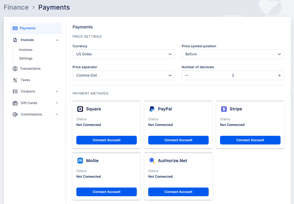 A payments settings page showing currency, price symbol position, separator options, and six payment methods with account connection status and "Connect Account" buttons.