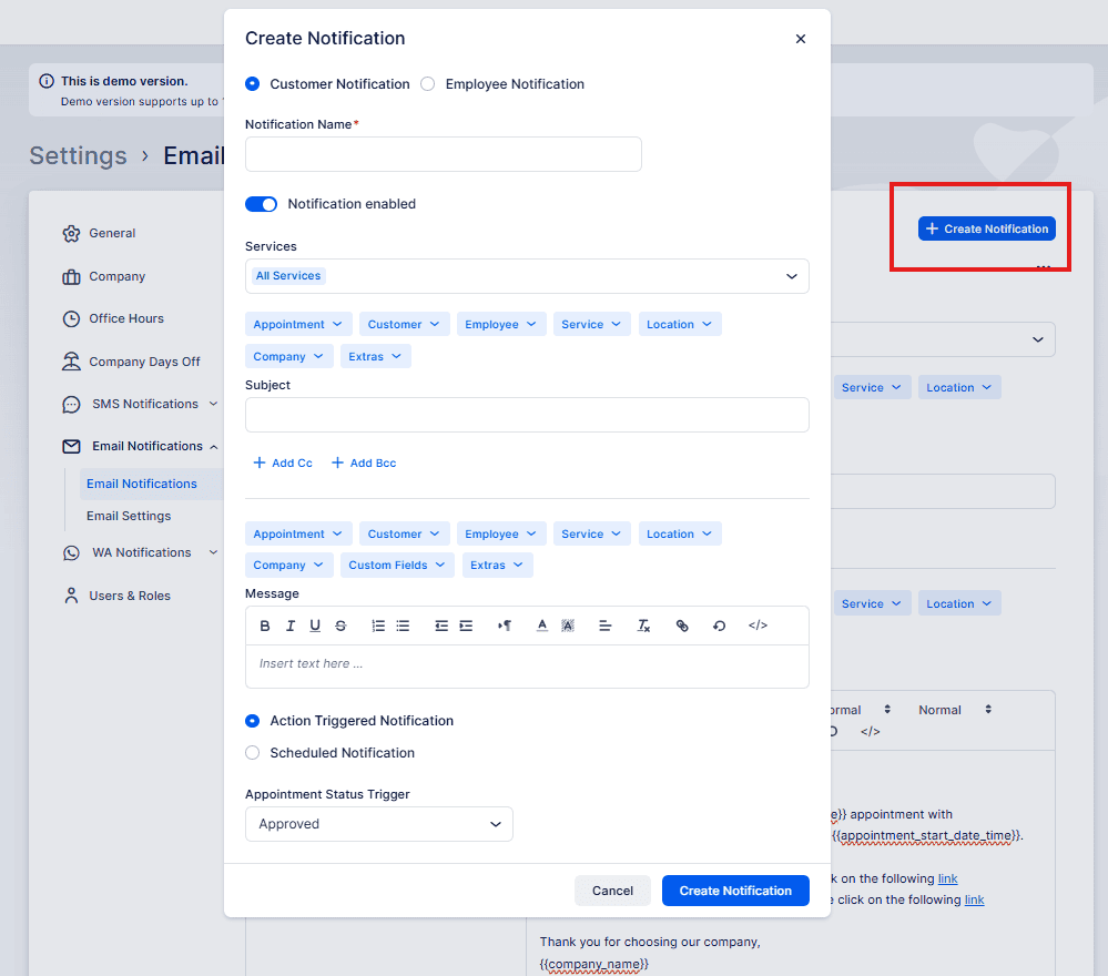 A notification creation form is open on an email settings page, with fields for notification name, services, subject, and message. The "Create Notification" button is highlighted on the right.