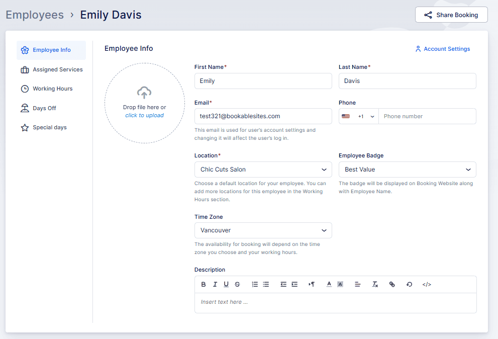 A user profile page displays editable employee information fields, including name, email, phone, location, time zone, and description, with options to upload a profile photo.