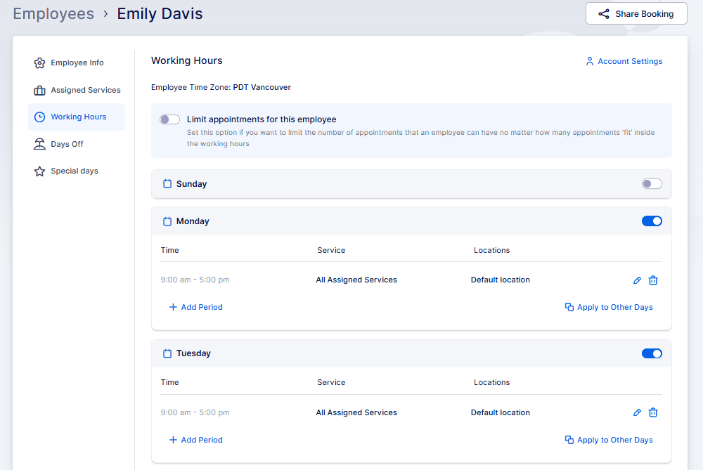 A screenshot of an employee scheduling interface showing working hours for Emily Davis, with options to set hours and services for each day of the week.