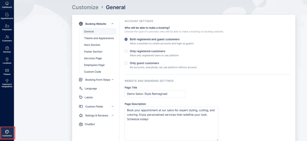 A settings page titled "General" for a booking website, showing account, website, and branding options, with a customization menu highlighted on the left sidebar.