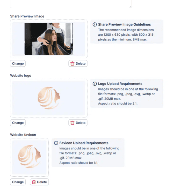 Screenshot of a website interface showing options to upload a share preview image, website logo, and favicon, each with specified size and format requirements.
