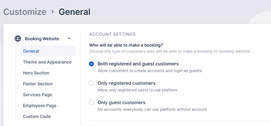 A website settings page showing options for who can make bookings: both registered and guest customers, only registered customers, or only guest customers. "Both" is selected.