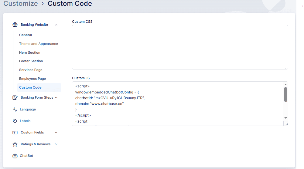 Screenshot of a website customization page showing editable fields for Custom CSS and Custom JS, with a chatbot script entered in the Custom JS section.
