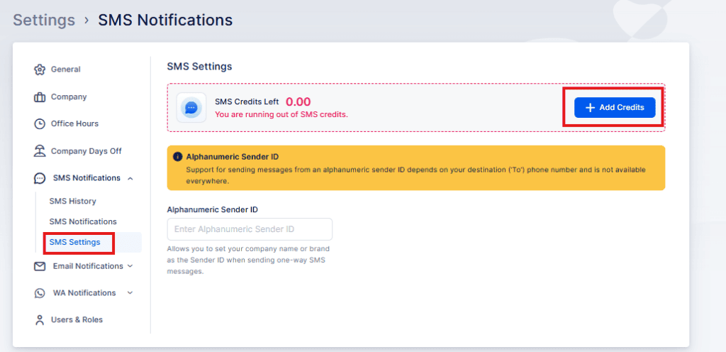 Screenshot of an SMS Notifications settings page showing 0 SMS credits left, a warning message, and a blue “Add Credits” button on the right.