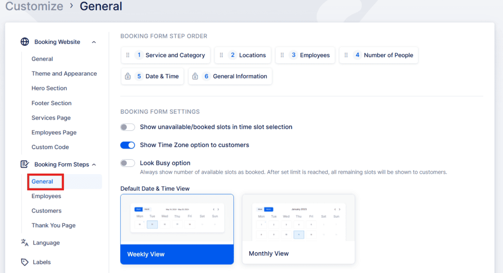 A software interface shows booking form step order and settings, with options for service, category, employees, people, date, and time under the General tab in the Booking Form Steps menu.
