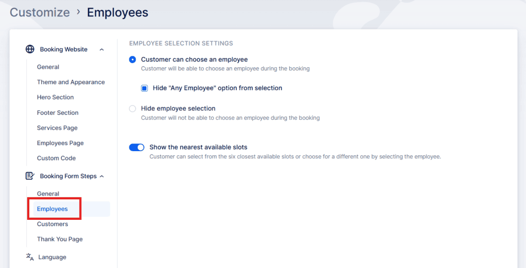 A settings page for employee selection options, showing toggles for customer choices and visibility preferences in a booking system.
