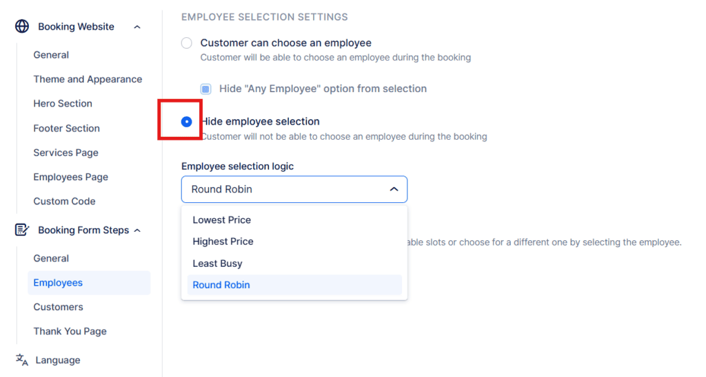 Booking website settings page showing employee selection options, with “Hide employee selection” checked and “Round Robin” chosen as the employee selection logic in a dropdown menu.