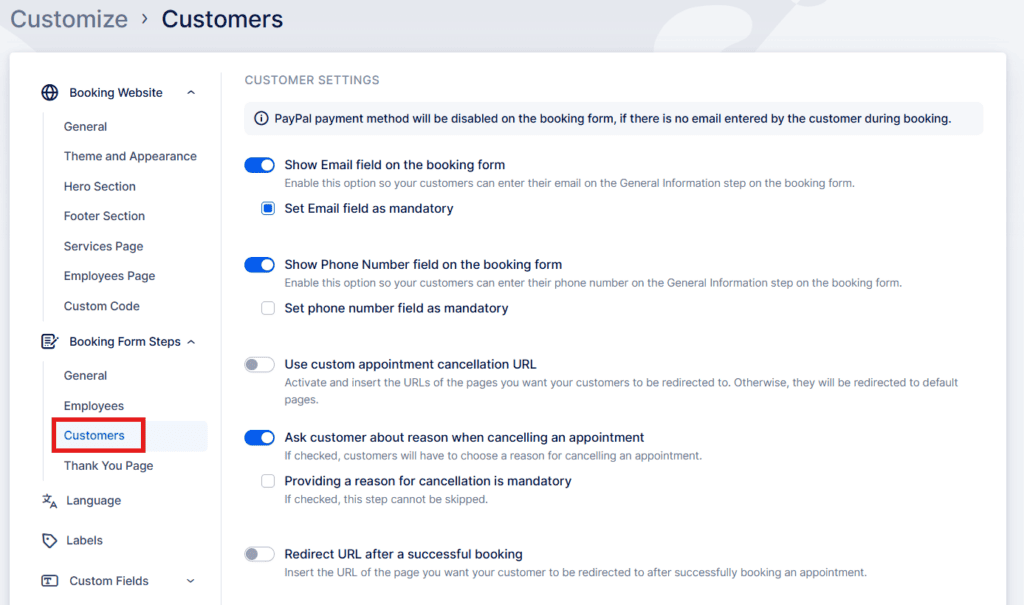 A website settings page showing customer-related options for booking forms, with the "Customers" menu item highlighted in red on the left sidebar.