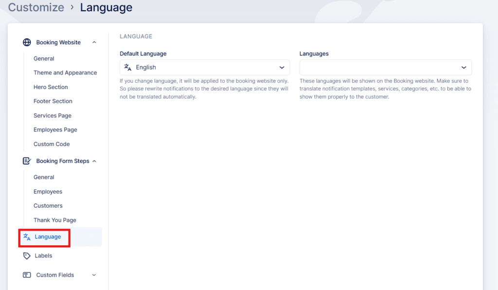 Screenshot of a website customization page showing language settings, with "Language" highlighted in the sidebar and English selected as the default language.