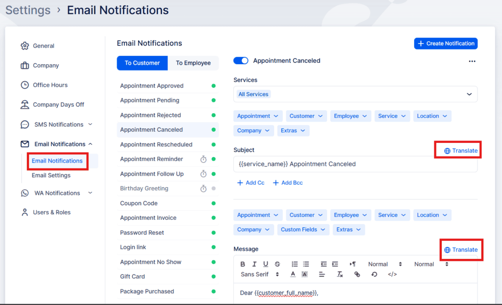 Screenshot of an email notifications settings page with categories on the left, options for appointment emails in the center, and blue “Translate” buttons next to message fields on the right.