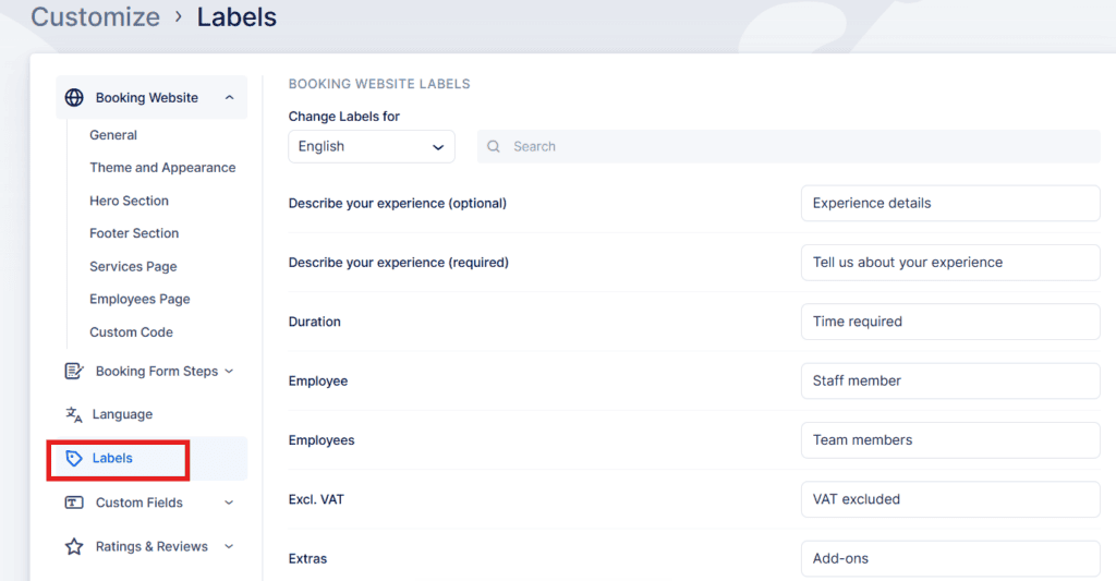 A settings page for customizing booking website labels, showing editable fields for experience, duration, employee, VAT, and extras. The "Labels" section is highlighted in the sidebar.