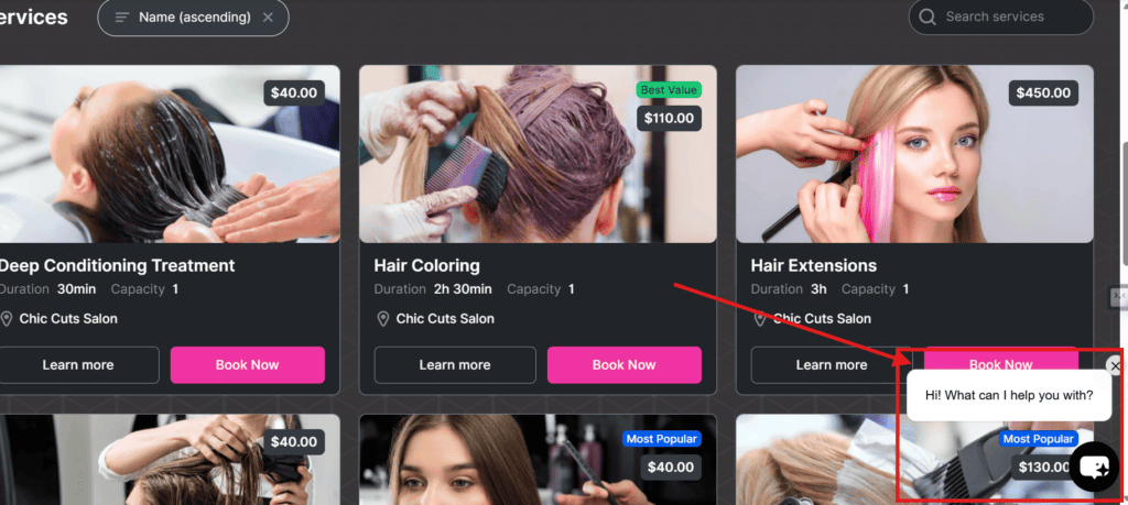 Screenshot of a salon services booking page showing Deep Conditioning, Hair Coloring, and Hair Extensions options with prices, and a chat box asking, "Hi! What can I help you with?.