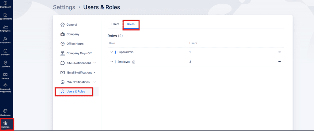 Dashboard screenshot of the "Users & Roles" section, highlighting the "Roles" tab with two roles listed: Superadmin and Employee, and navigation menu on the left.