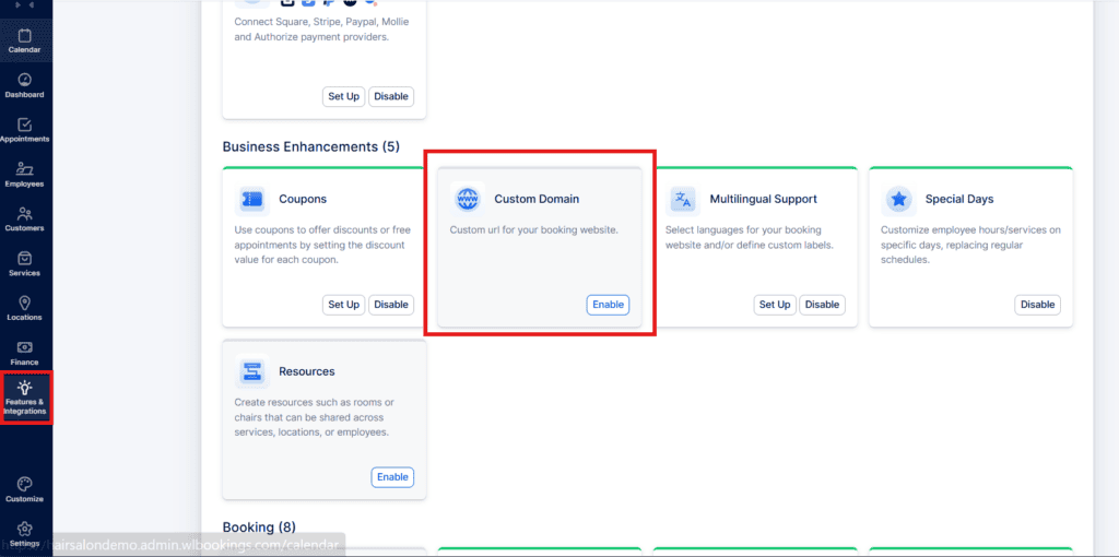 A software dashboard displays business enhancement options. The "Custom Domain" feature is highlighted with a red box and an "Enable" button.