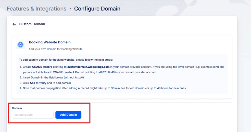 A web interface titled "Configure Domain" shows instructions for adding a booking website domain, with a field to enter a domain and an "Add Domain" button highlighted in red.