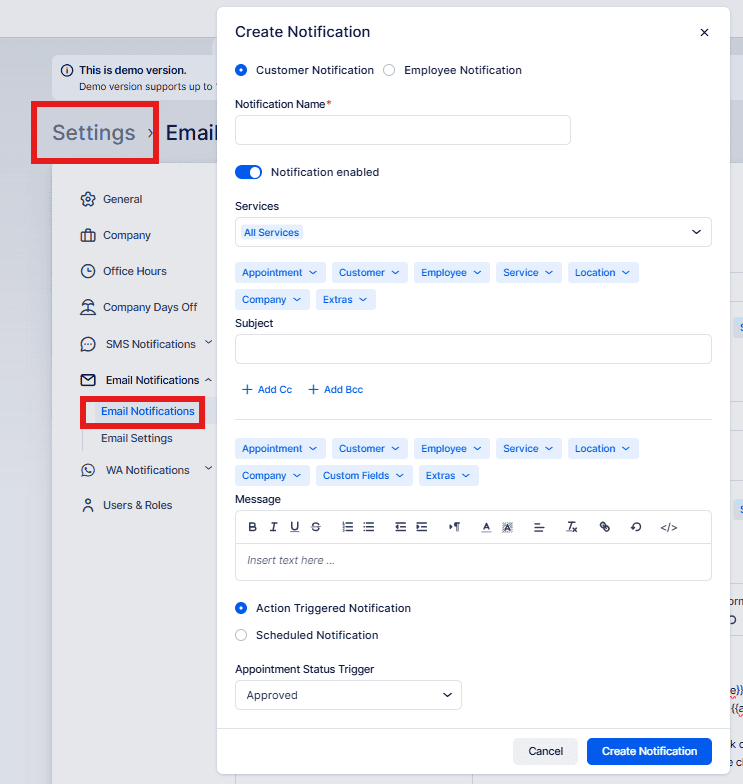 Create Notification form is open under Email Notifications in the Settings menu. The form includes fields for notification name, services, recipients, subject, message, and notification type.