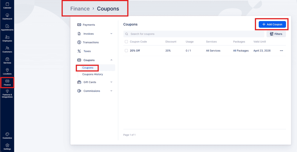 A coupon management page displays a list of coupons with options to add a coupon, filter results, and navigate finance-related sections in the sidebar.