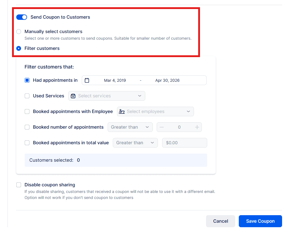 Screenshot of a web interface for sending coupons to customers, showing options to manually select or filter customers, and filters for appointments, services, employees, and amount spent.