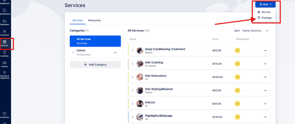 Dashboard displaying a services management page with a list of service options; "Add" button in the top right shows options for "Service" and "Package.