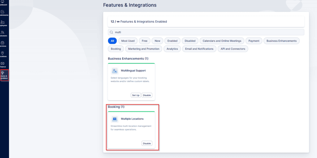 A software settings page displaying "Features & Integrations" with search results for "multi," showing options for Multilingual Support and Multiple Locations.