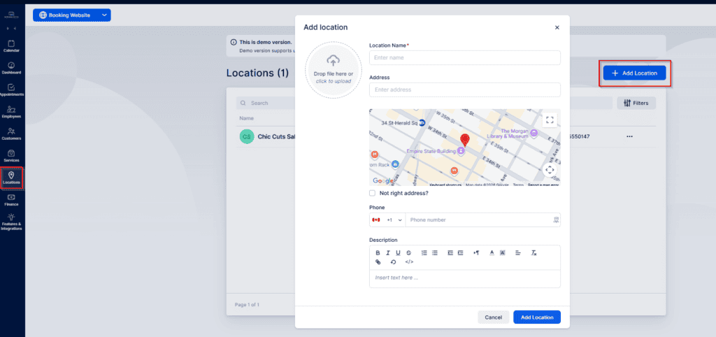A web interface showing an "Add location" form with fields for location name, address, phone, description, and a map. The "Add Location" button is highlighted on the right.