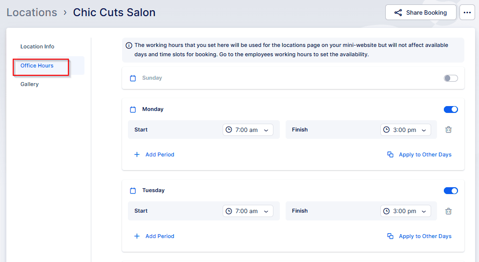 Screenshot of a scheduling app showing office hours settings for "Chic Cuts Salon," with working hours set for Monday and Tuesday, and "Office Hours" tab highlighted.