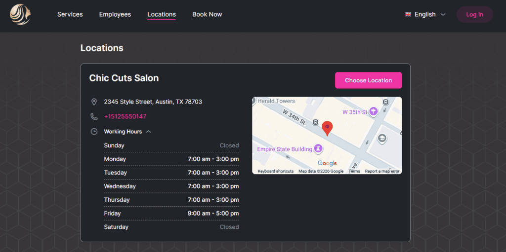 Salon location webpage showing Chic Cuts Salon address, contact number, weekly working hours, and a map with a pin marking the location; Sunday is marked as closed.
