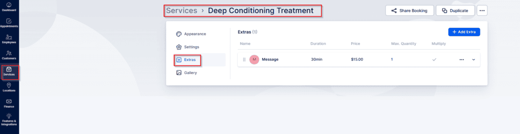 A digital dashboard shows the "Deep Conditioning Treatment" service with an "Extras" section listing a 30-minute message for $15.00.