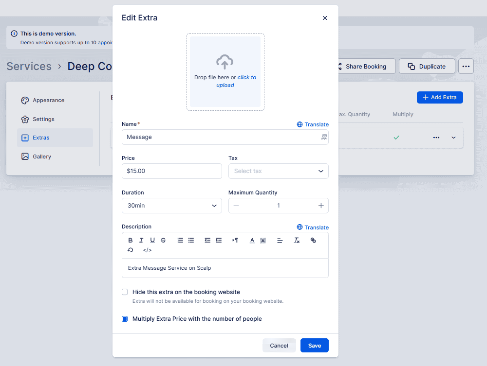 A form titled "Edit Extra" for adding service details, including name, price, tax, duration, quantity, description, and media upload, with options to hide or multiply price.
