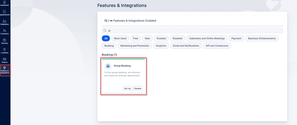 A web page displays a "Group Booking" feature card under Features & Integrations, with options to set up or disable the feature.