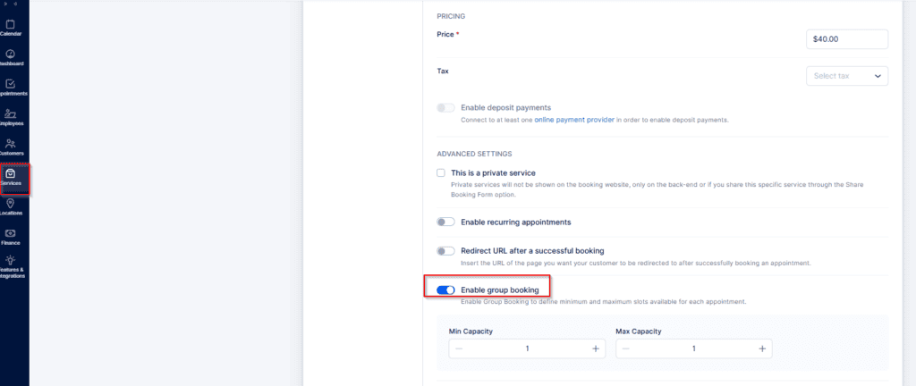 A webpage settings panel showing booking options; "Enable group booking" is toggled on, with fields for minimum and maximum group capacity visible below.